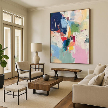 Large contemporary hand-painted abstract artwork featuring soft brushstrokes light colors thick paint and striking contrasts creating a chaotic atmospheric composition. DLZ0767