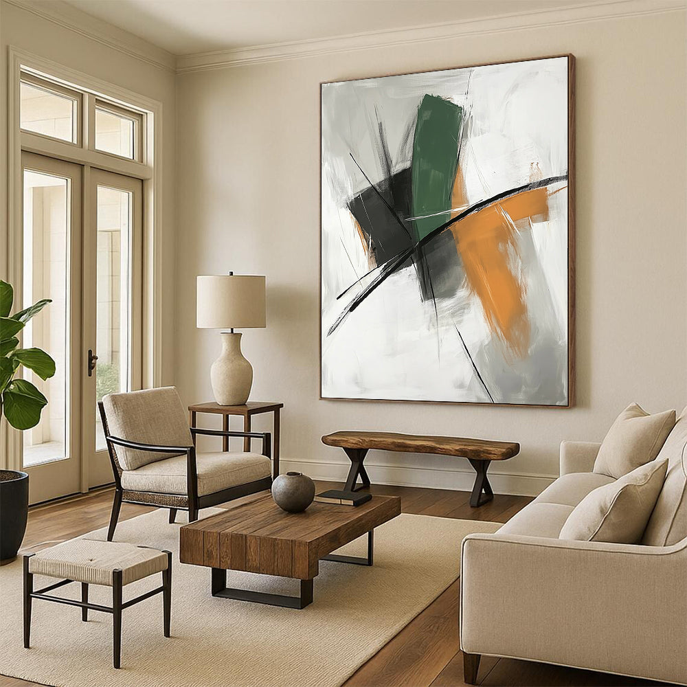 Large contemporary hand-painted abstract art with a white background and serene shapes featuring green lines, orange tones, black accents, and calming colors. DLZ0928