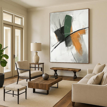 Large contemporary hand-painted abstract art with a white background and serene shapes featuring green lines, orange tones, black accents, and calming colors. DLZ0928