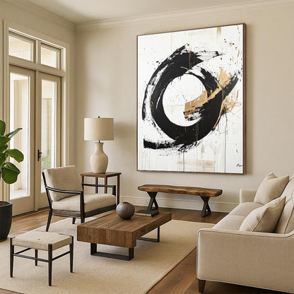 White, Black, Gold, Textured Circle "Enso Echo" Abstract Zen - Inspired Painting On Canvas HB090