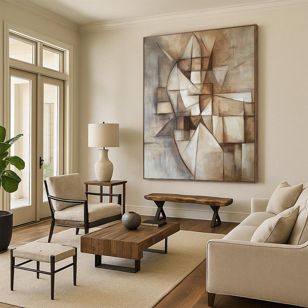 Contemporary hand-painted abstract artwork featuring geometric designs in neutral tones capturing harmony between simplicity and complexity with a focus on depth and perspective. DLZ1093