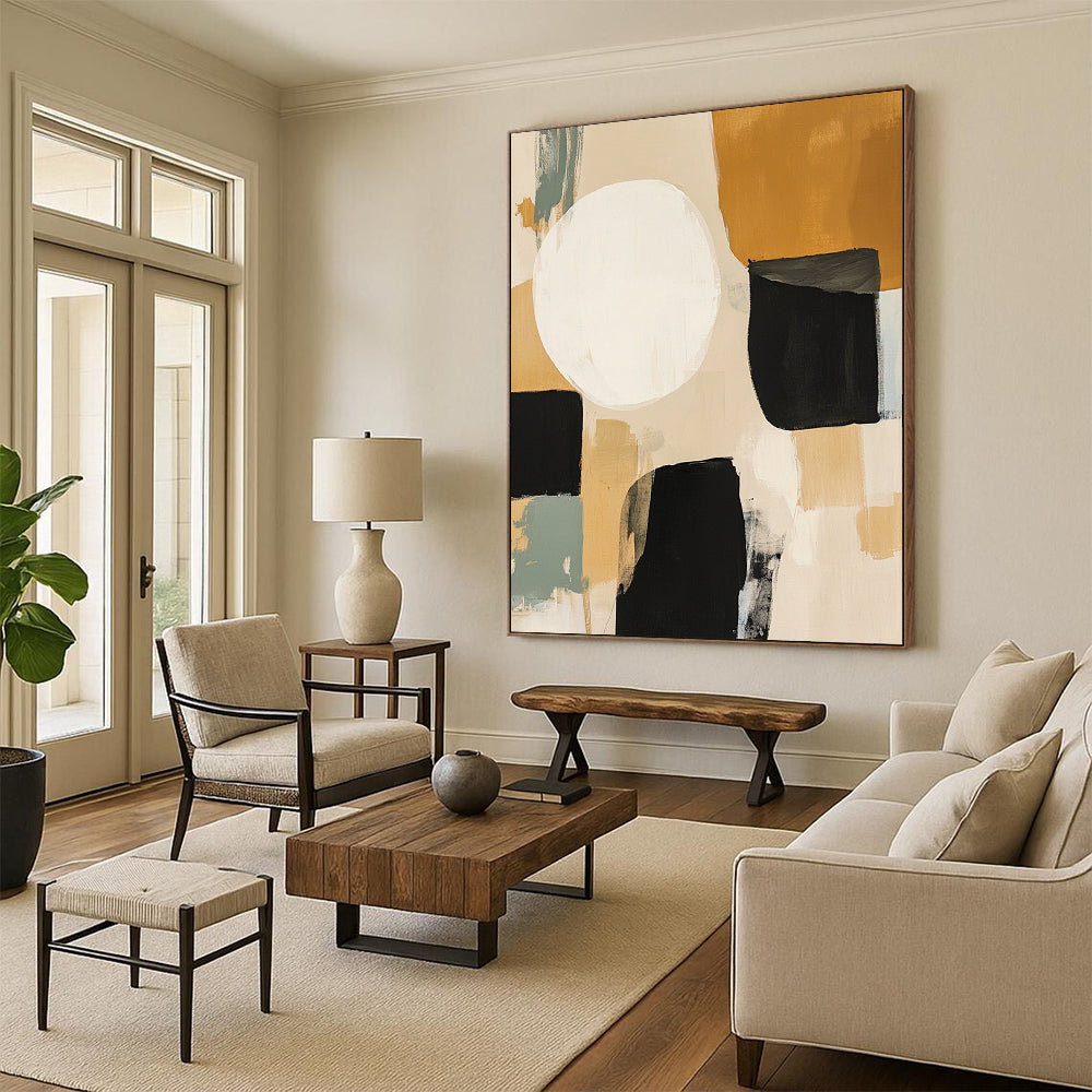 Contemporary hand-painted abstract art features beige black and sage green shapes with a large white circle and expressive brush strokes in mixed media. DLZ0794