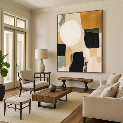 Contemporary hand-painted abstract art features beige black and sage green shapes with a large white circle and expressive brush strokes in mixed media. DLZ0794