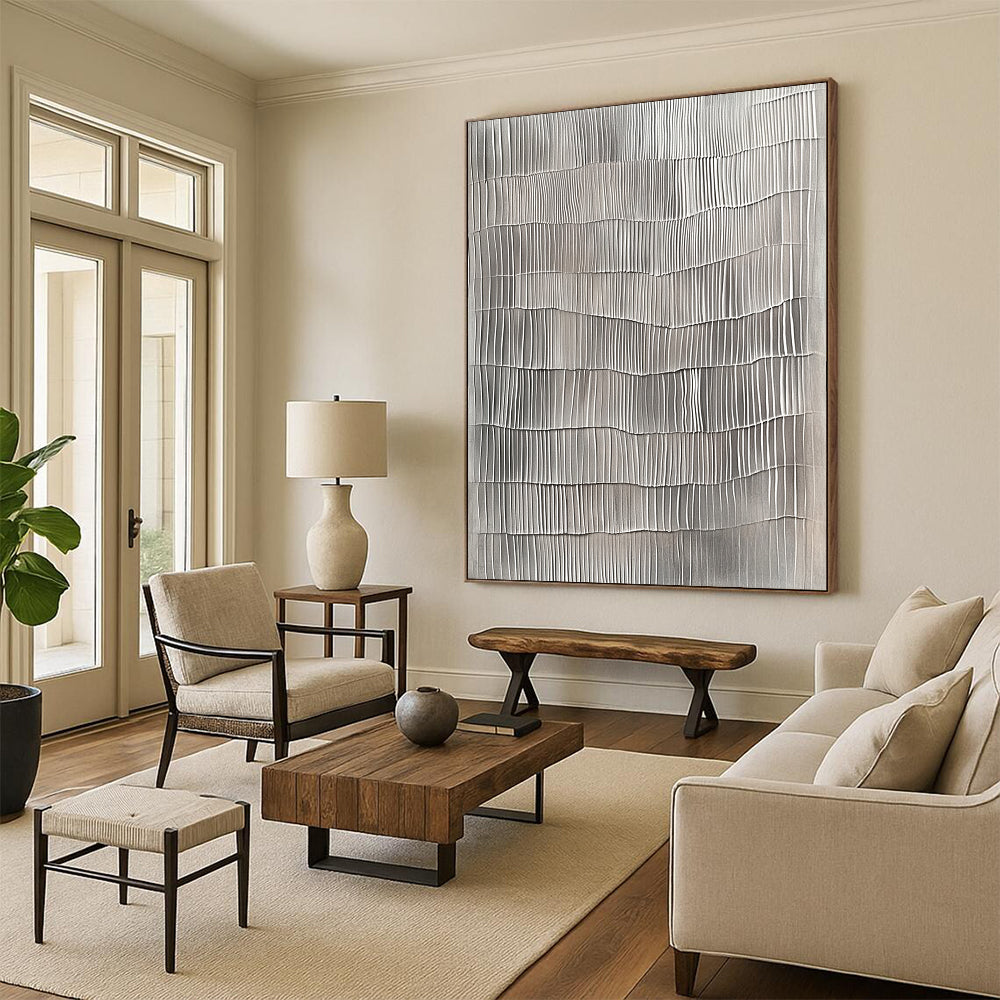 Contemporary hand-painted abstract art features textured gray vertical lines resembling wavy wood surfaces on a neutral gray background. DLZ1481