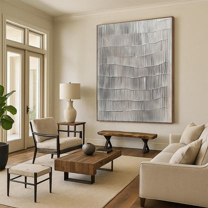 Contemporary hand-painted abstract art features textured gray vertical lines resembling wavy wood surfaces on a neutral gray background. DLZ1481