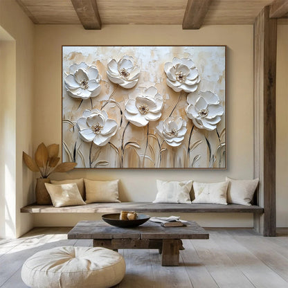 Beige and White Textured Flowers "Timeless Petals" Painting On Canvas HB0425