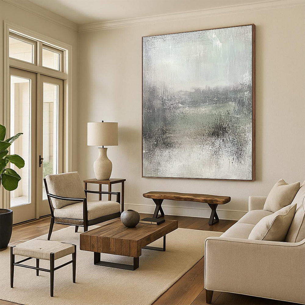 Large contemporary abstract painting featuring soft gray and subtle green hues, textured canvas evokes tranquility and nostalgia in a serene landscape. DLZ0871
