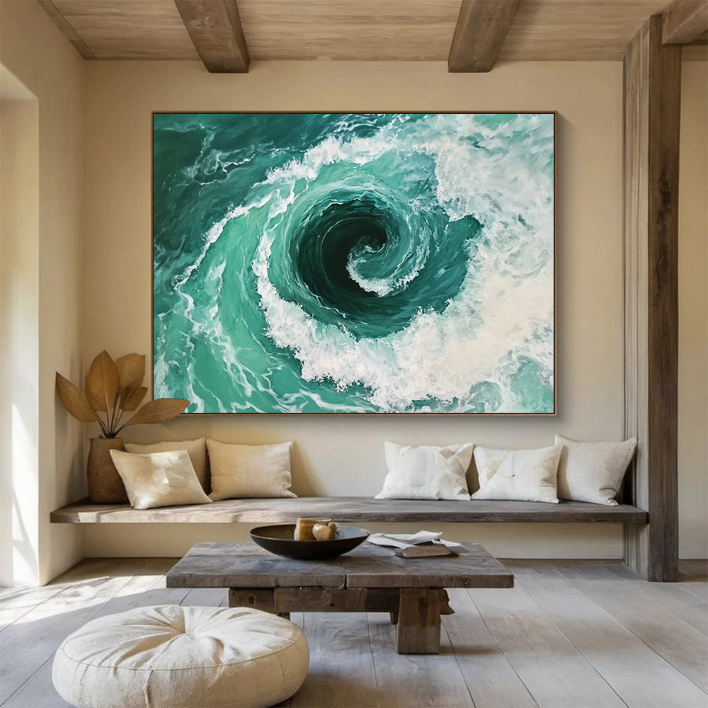 “Turquoise Vortex of the Sea” - Turquoises, Whites, Greens, Ocean Vortex - Realistic Oil Painting HB1559