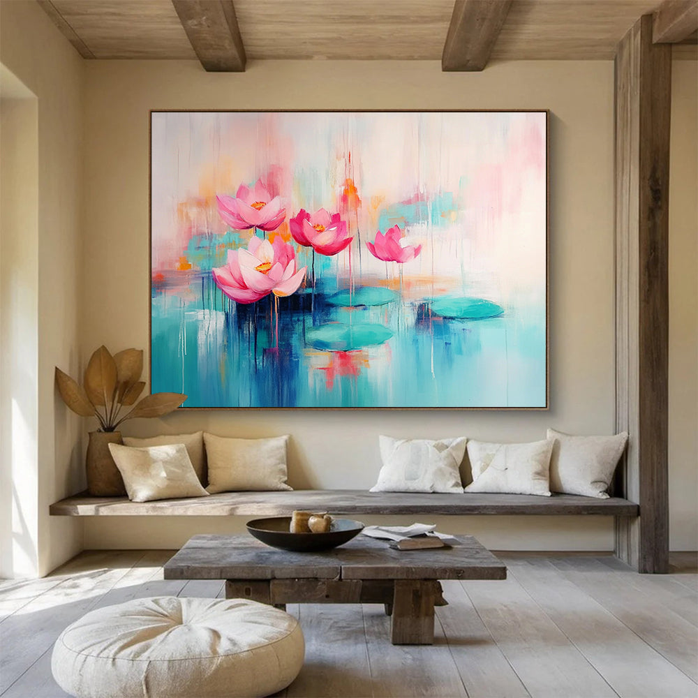 “Pastel Lotus Serenity” - Soft pinks, turquoises, oranges; Dreamy lotus flowers, pond; Impressionistic Floral Painting On Canvas HB1159