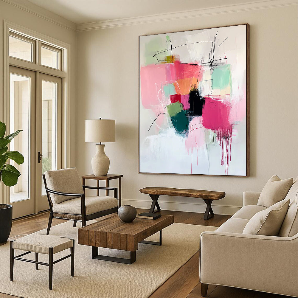 Large contemporary hand-painted abstract artwork featuring vibrant pinks and greens with expressive brush strokes and thick black line work adding depth. DLZ0907
