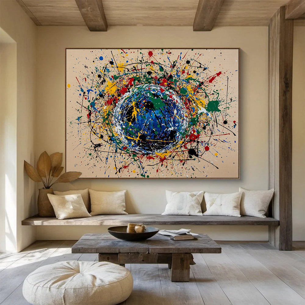 “Color - Splash Sphere” - Multicolor splashes, blue sphere, Abstract Painting On Canvas HB0564