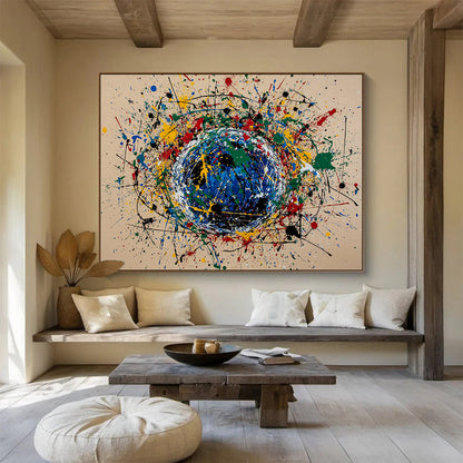 “Color - Splash Sphere” - Multicolor splashes, blue sphere, Abstract Painting On Canvas HB0564