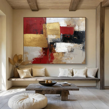 “Gilded Geometry” - Red, Gold, Gray, Textured Squares - Modernist Acrylic Painting with Gold Accents HB1541