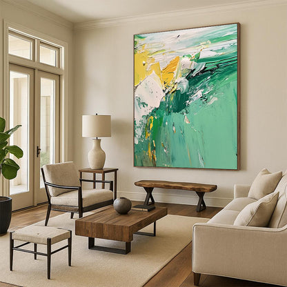 Contemporary abstract artwork featuring a vibrant green and white landscape with textured seafoam created using thick oil and acrylic paint techniques. DLZ0598