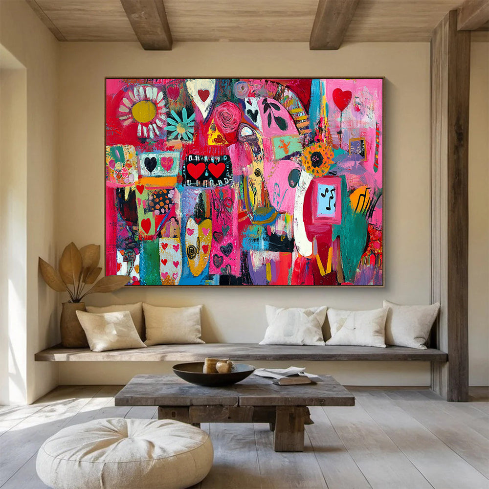 “Pink Collage Abstract” - Pink, Red, Colorful Shapes, Hearts, Flowers, Mixed Patterns - Painting On Canvas HB1444
