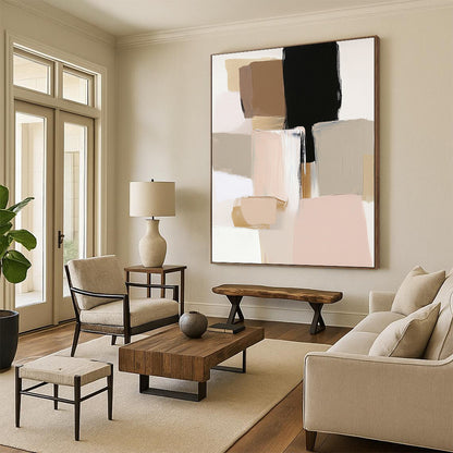 Contemporary abstract artwork featuring neutral tones with blush pink beige and sage green accents highlighted by thick brush strokes. DLZ0489