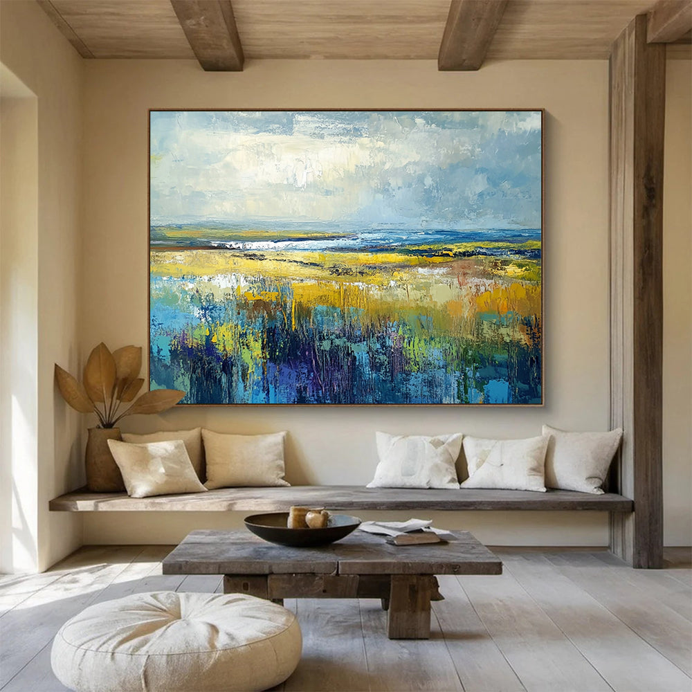“Vibrant Prairie Dreams” - Yellow, Blue, Green, Purple, Expansive Field & Sky Scenes Painting On Canvas HB1023