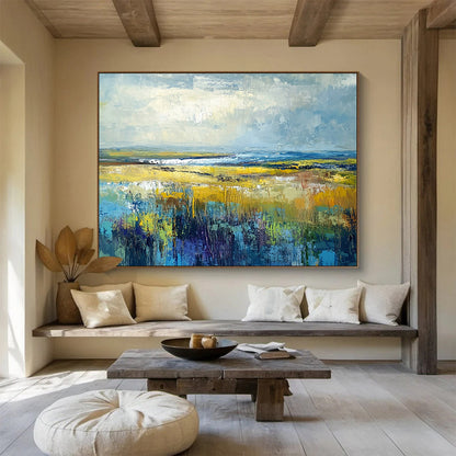 “Vibrant Prairie Dreams” - Yellow, Blue, Green, Purple, Expansive Field & Sky Scenes Painting On Canvas HB1023