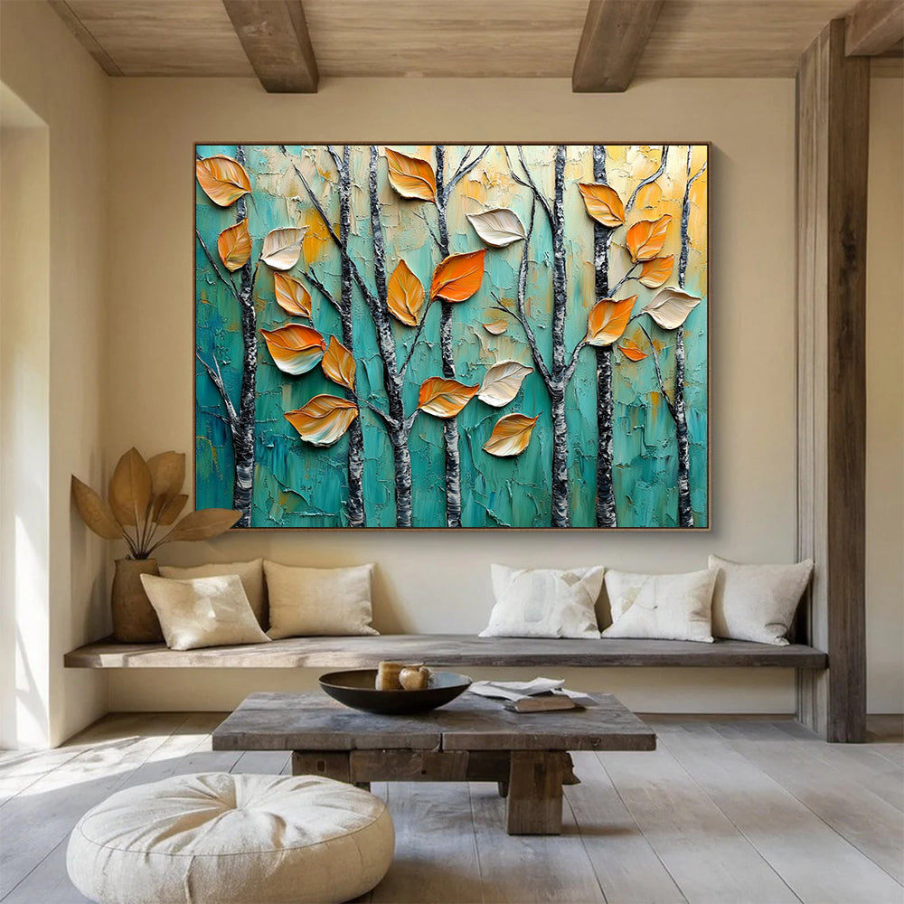 “Autumn Trees in Relief” - Teal, Orange, Textured Leaves & Trees Painting On Canvas HB0729