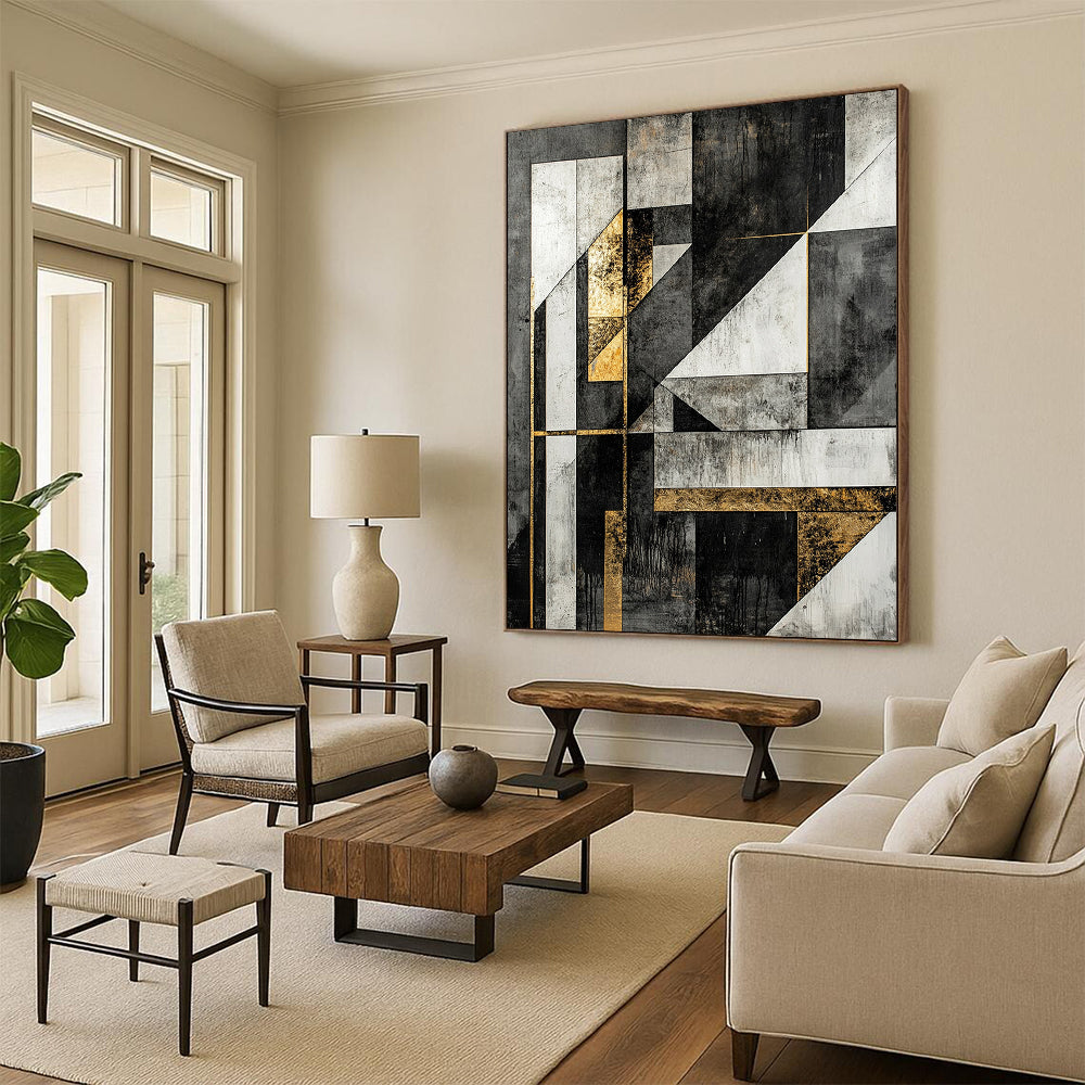 Black, White, Gray, Gold, Modular Geometry "Gilded Block Party" Abstract Constructivist - Inspired Painting On Canvas HB129