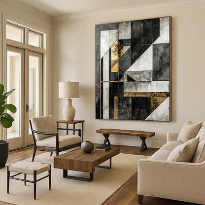 Black, White, Gray, Gold, Modular Geometry "Gilded Block Party" Abstract Constructivist - Inspired Painting On Canvas HB129