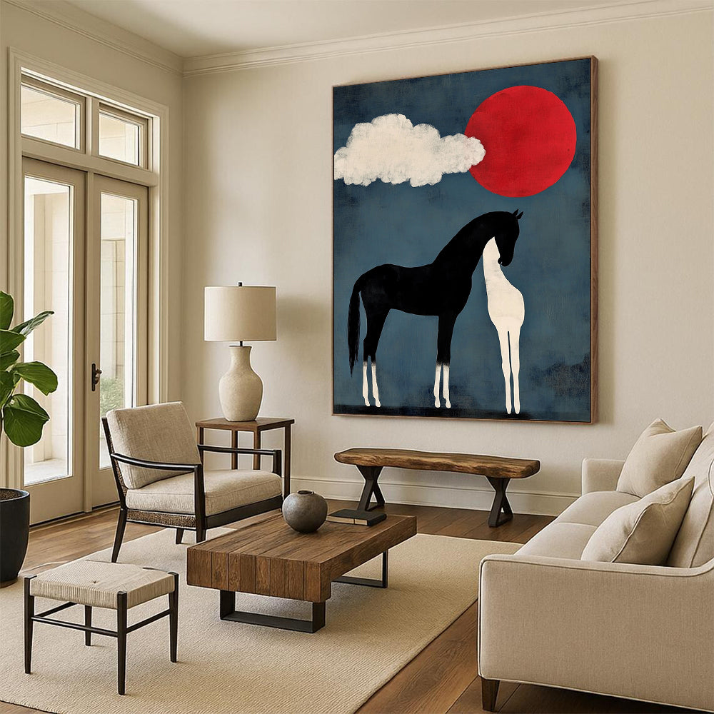 Contemporary abstract art featuring a black horse with white legs and tail beside a cloud shaped like two heads with a red sun setting in a blue sky. DLZ1147