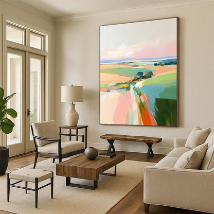 Contemporary hand-painted abstract art featuring soft pink skies and vibrant green and blue fields inspired by Robert H and Fairfield Porter. DLZ0408