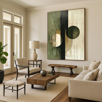 Contemporary abstract artwork featuring circles and lines in beige olive green white and black showcasing deconstructed geometric elements on canvas texture. DLZ0375