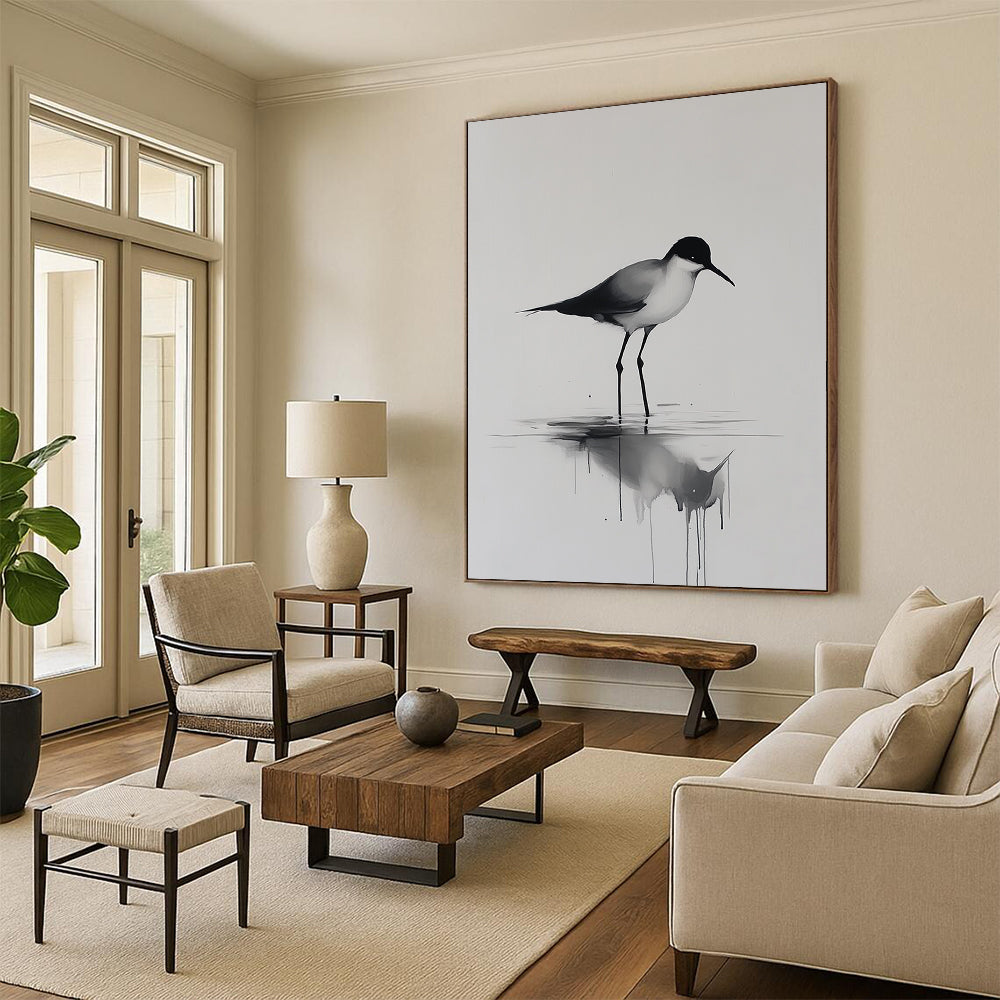 Contemporary hand-painted abstract art features a minimalist bird walking on water with reflections and ripples on a neutral background. DLZ1144
