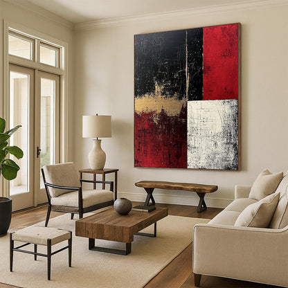 Black, Red, White, Gold, Geometric Blocks "Rustic Drama" Abstract Painting On Canvas HB039
