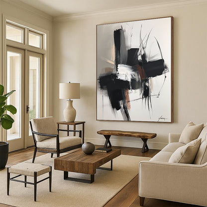 Large contemporary hand-painted abstract artwork featuring dark gray and light bronze shapes with soft edges and subtle textures in neutral tones. DLZ0314