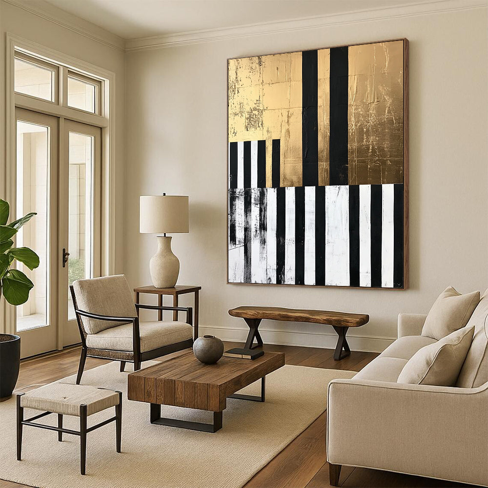 Black, White, Gold and Gray Geometric Abstraction "Elegant Stripes" Painting On Canvas HB402