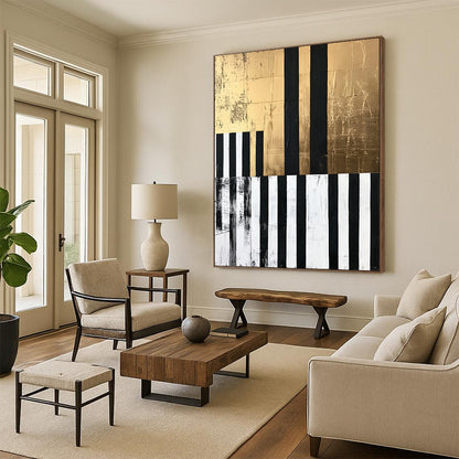 Black, White, Gold and Gray Geometric Abstraction "Elegant Stripes" Painting On Canvas HB402