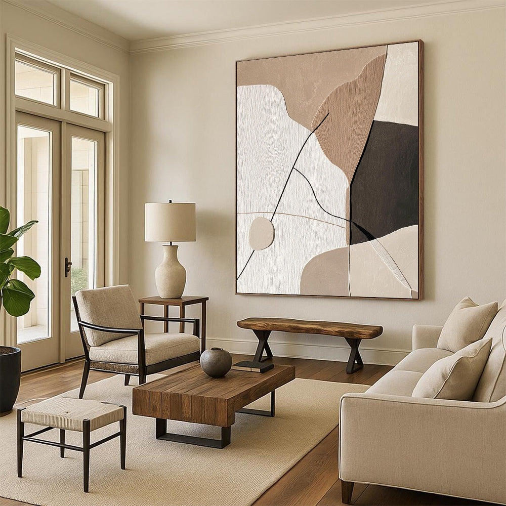 Contemporary abstract artwork featuring minimalist Japandi design with string and paper shapes on a beige background, accented with black and thick lines. DLZ1620