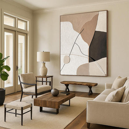 Contemporary abstract artwork featuring minimalist Japandi design with string and paper shapes on a beige background, accented with black and thick lines. DLZ1620