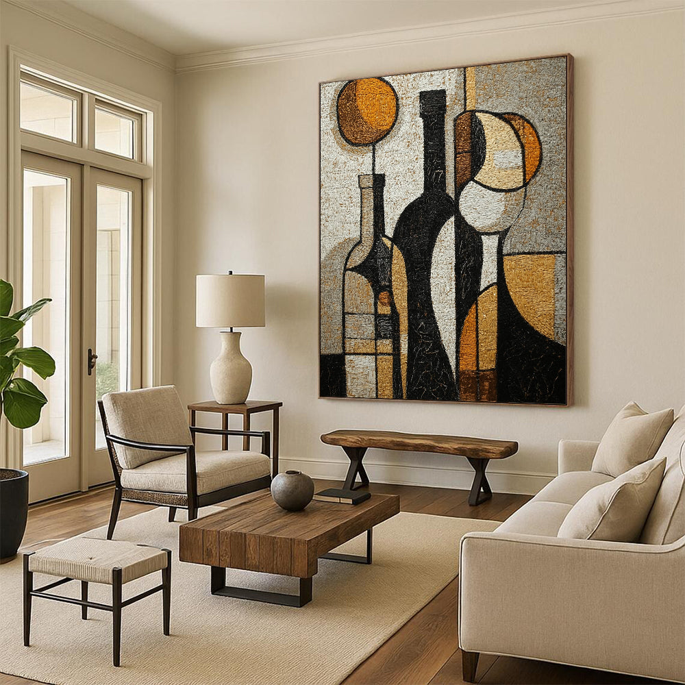 Contemporary hand-painted abstract artwork featuring textured wine bottles and glasses in rich tones of black brown white beige grey and gold. DLZ1427