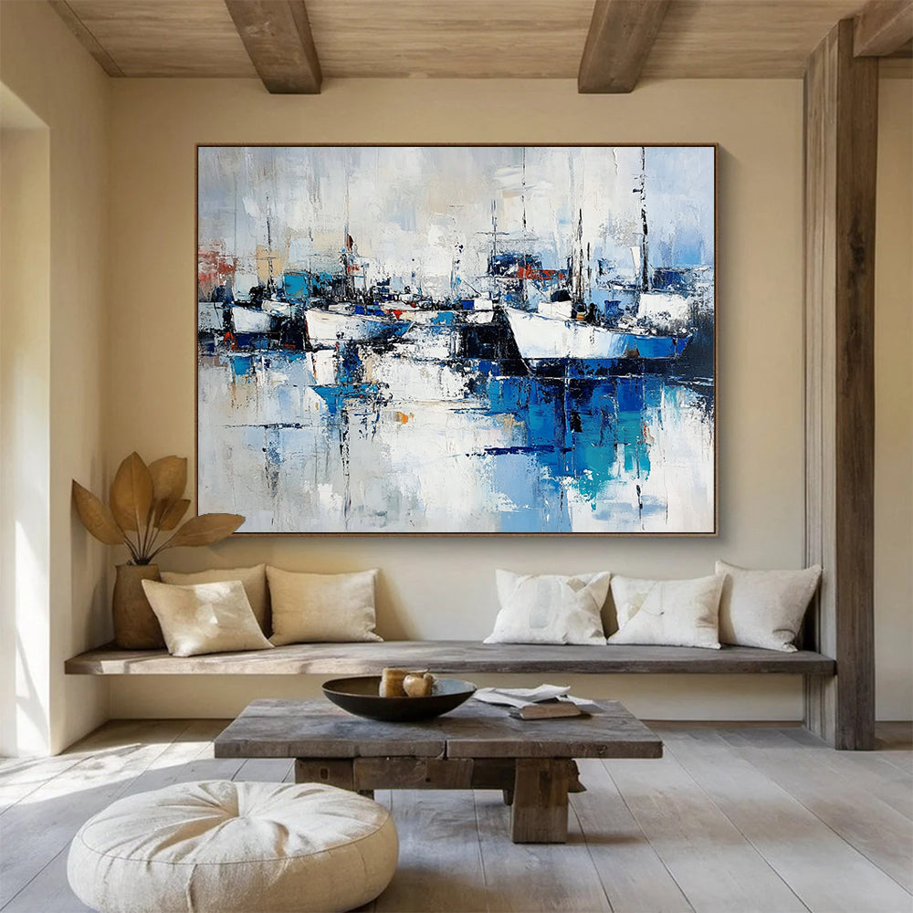 “Abstract Harbor Reflections” - Blue, White, Gray, Dynamic Boat & Water Scenes Painting On Canvas HB1022