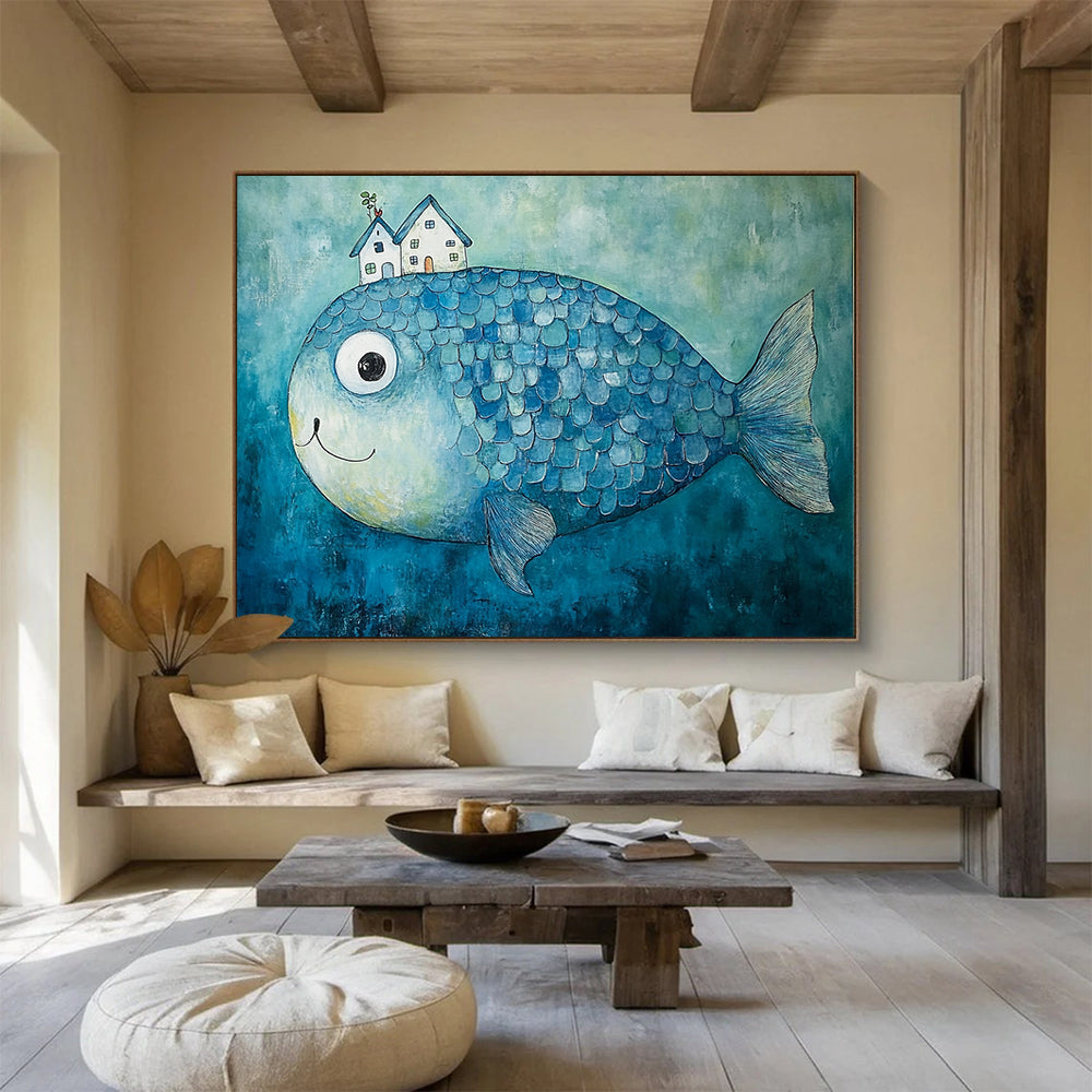 “House - Topped Blue Fish” - Blue fish, white houses, Whimsical Painting On Canvas HB0576