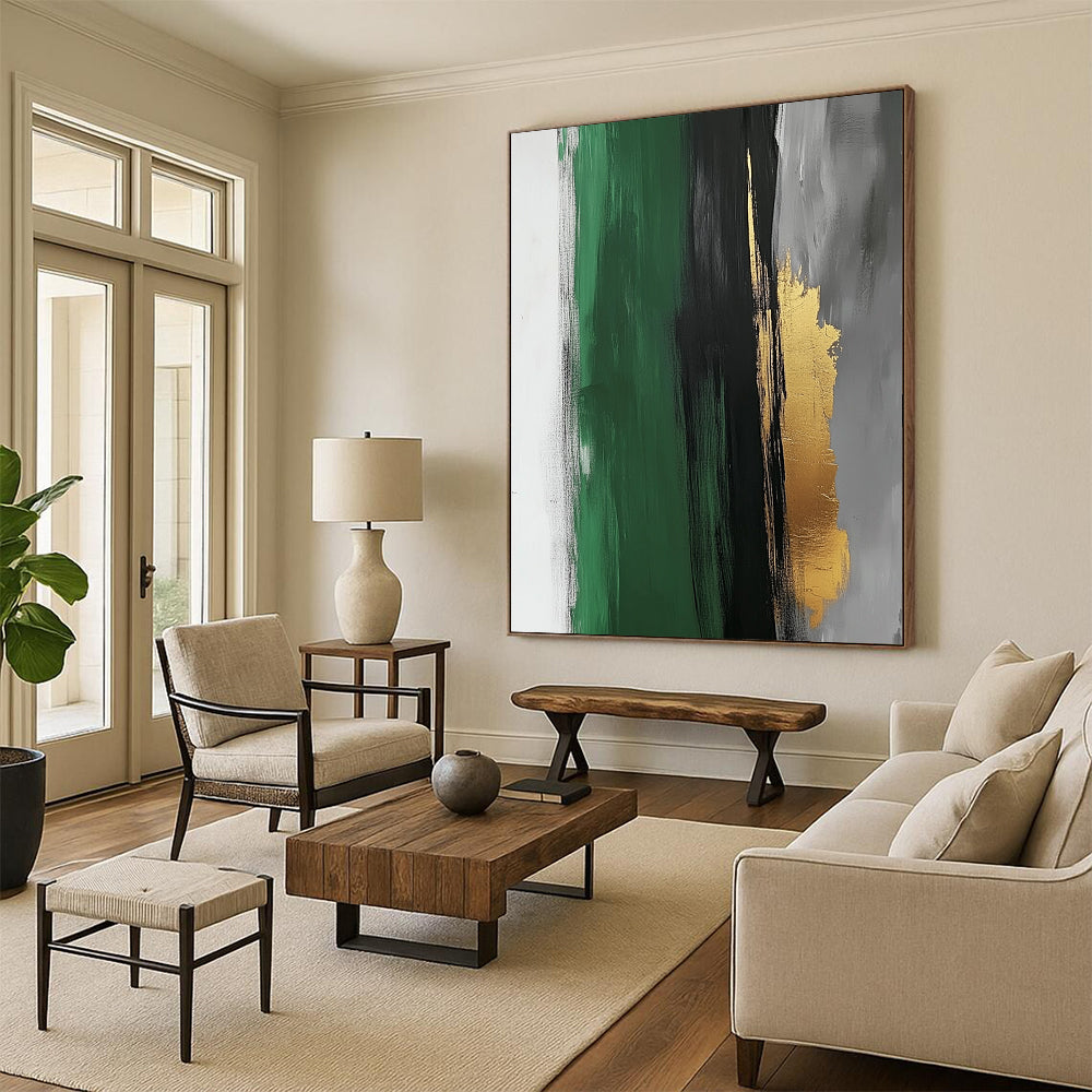 Contemporary abstract artwork featuring a striking dark grey brushstroke on white paper with subtle gold leaf accents and a minimalist design for elegant visual harmony. DLZ1330