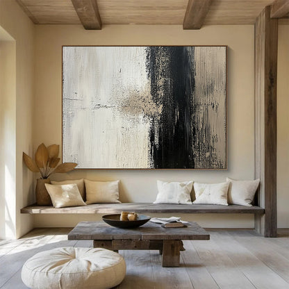 “Textured Black and White Abstract” - Black, white, beige; Textured abstract with bold brushstrokes; Acrylic Painting On Canvas HB1269