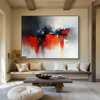 “Dark Urban Abstract” - Gray, black, red, orange; Moody abstract cityscape; Oil Painting On Canvas HB1208