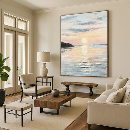 Contemporary hand-painted abstract artwork capturing serene coastal sunset hues reflecting on calm waters, evoking tranquility and peace. DLZ1458
