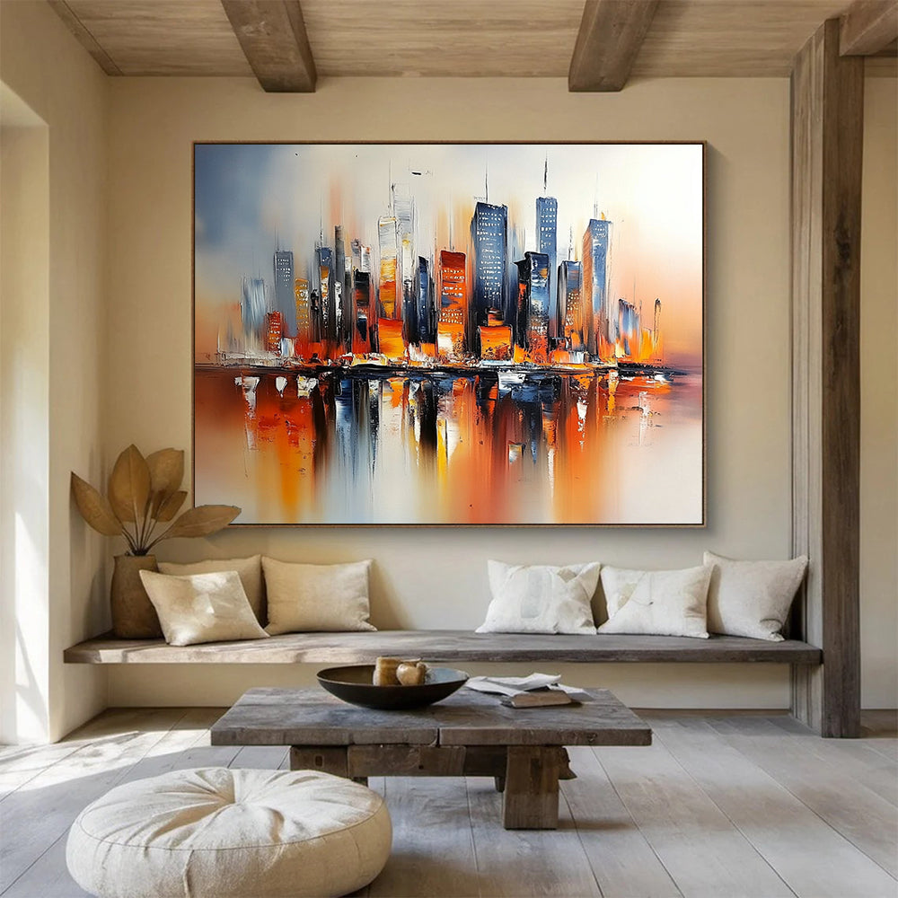 Colorful Cityscape with Reflections "Urban Glow" Painting On Canvas HB0664