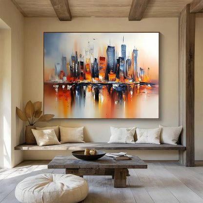 Colorful Cityscape with Reflections "Urban Glow" Painting On Canvas HB0664