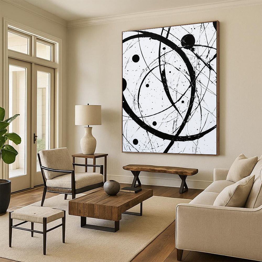 Black, White, Intertwined Circles "Monochrome Orbits" Abstract Modernist Painting On Canvas HB102