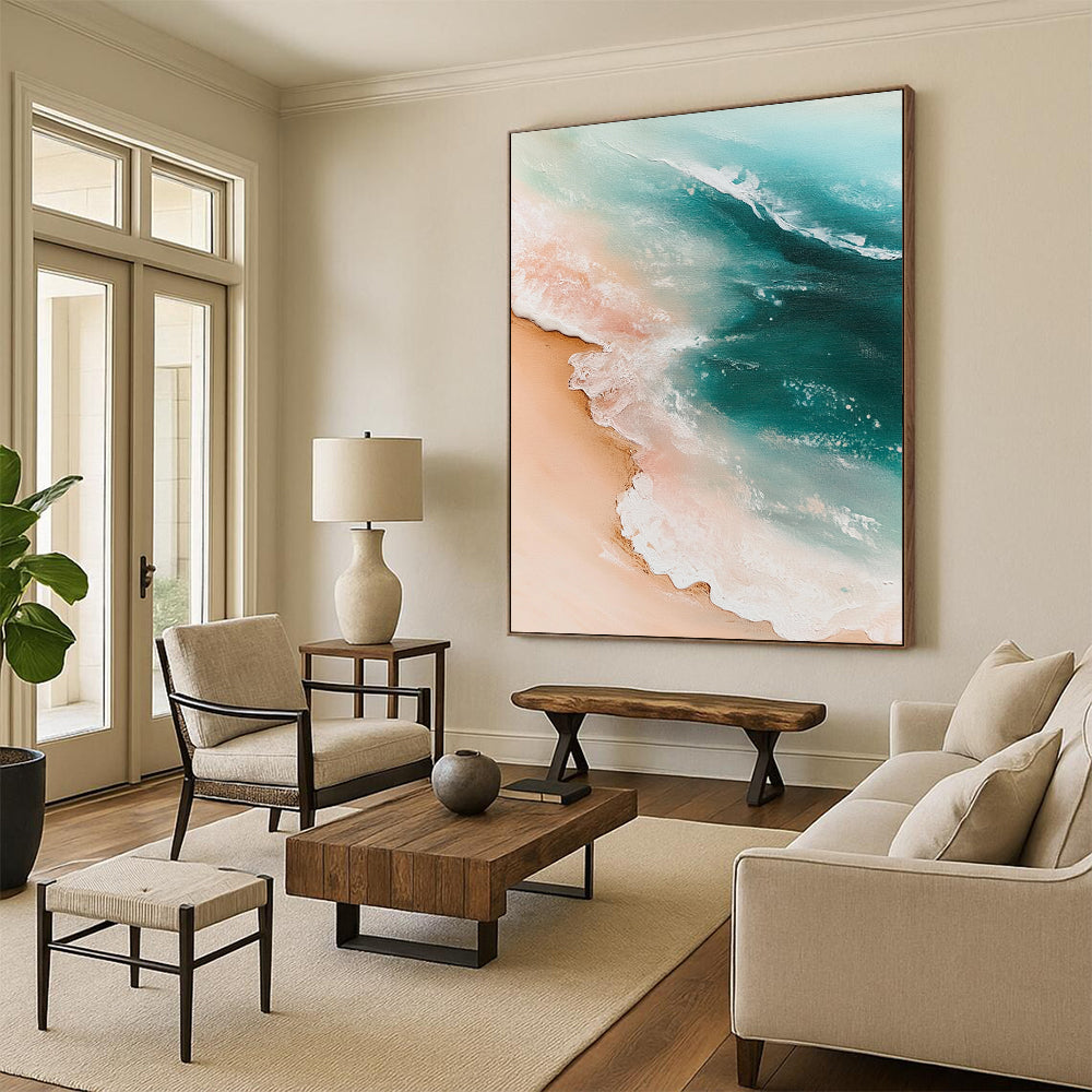 Contemporary hand-painted abstract artwork featuring a sandy beach with gentle waves in light pink and turquoise tones, evoking nature's serene beauty. DLZ1222