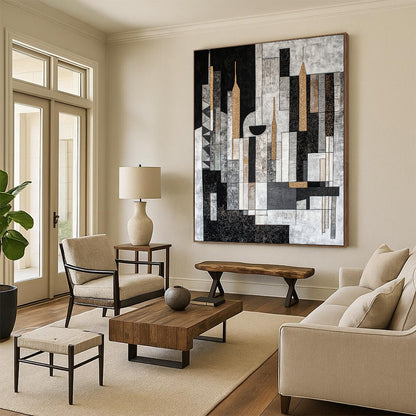 Black, Gray, Beige and Gold Abstract Cityscape "Urban Mosaic" Painting On Canvas HB317