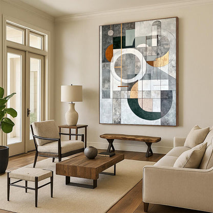 Gray, Yellow, White, Black and Beige Geometric Abstraction "Sunny Geometry" Painting On Canvas HB387