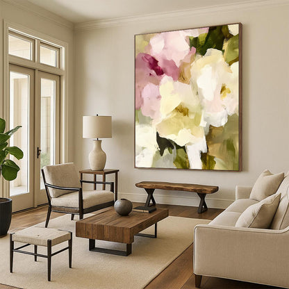 Large contemporary abstract painting featuring soft edges and blurry details with vintage floral elements in pale pink and cream tones. DLZ0379