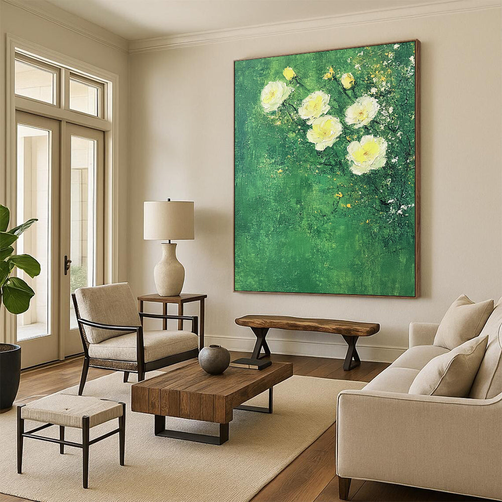 Contemporary abstract art featuring white roses on a textured green background with soft colors and minimalist Impressionist influences. DLZ1752